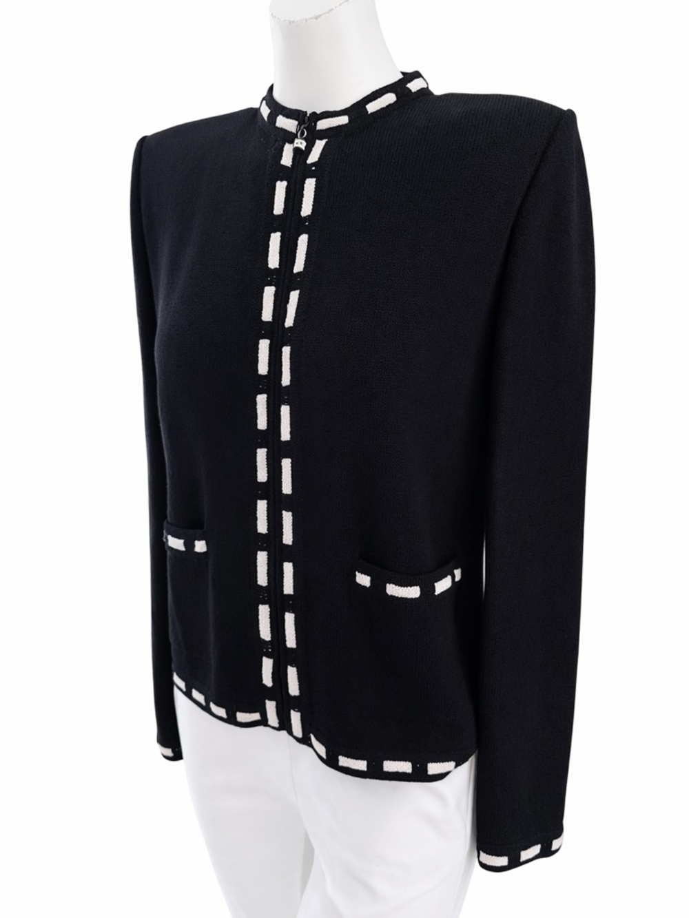 St John Collection Santana Knit Jacket Black Ivory Trim Zip 10